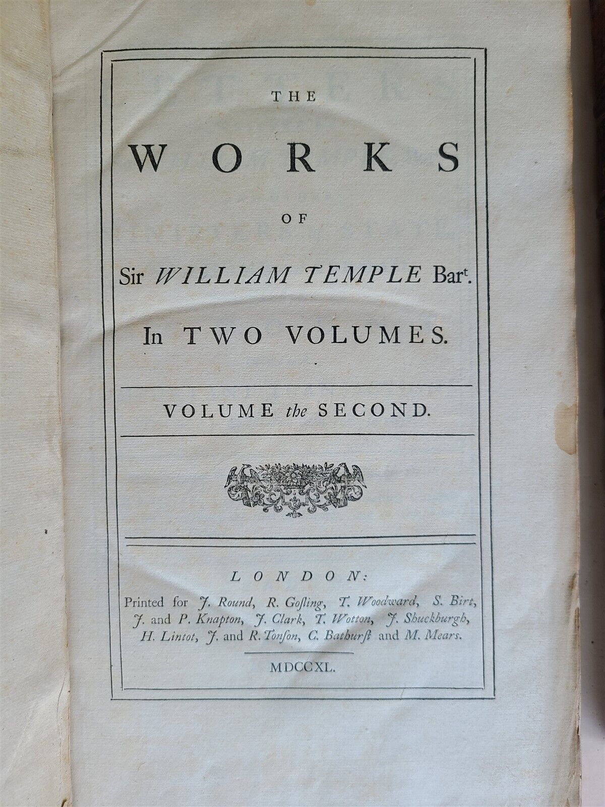 1740 WORKS of SIR WILLIAM TEMPLE 2 volumes antique FOLIO in ENGLISH