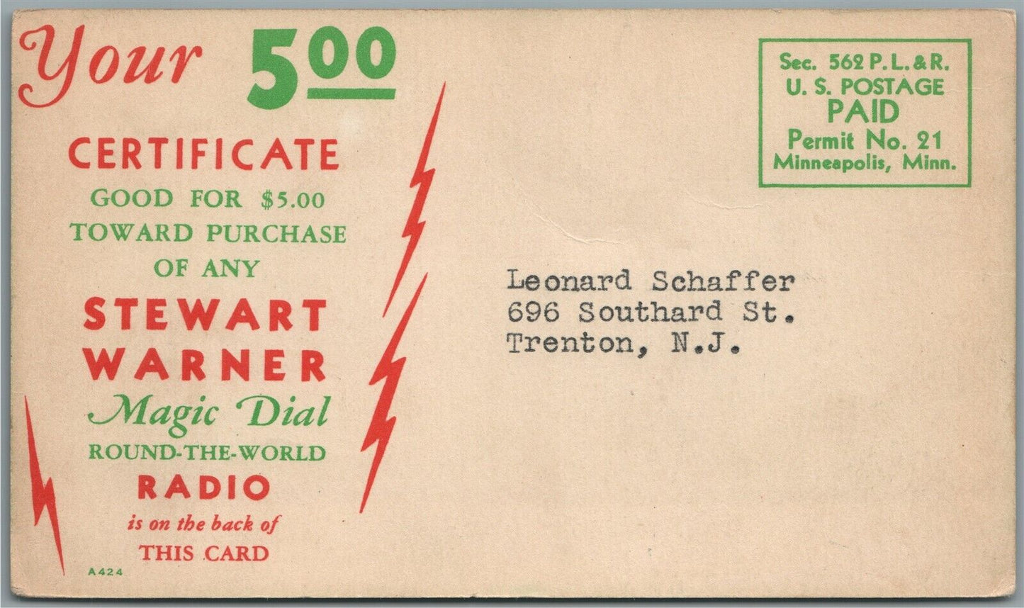 STEWART WARNER MAGIC DIAL RADIO ADVERTISING 1934 ANTIQUE POSTCARD