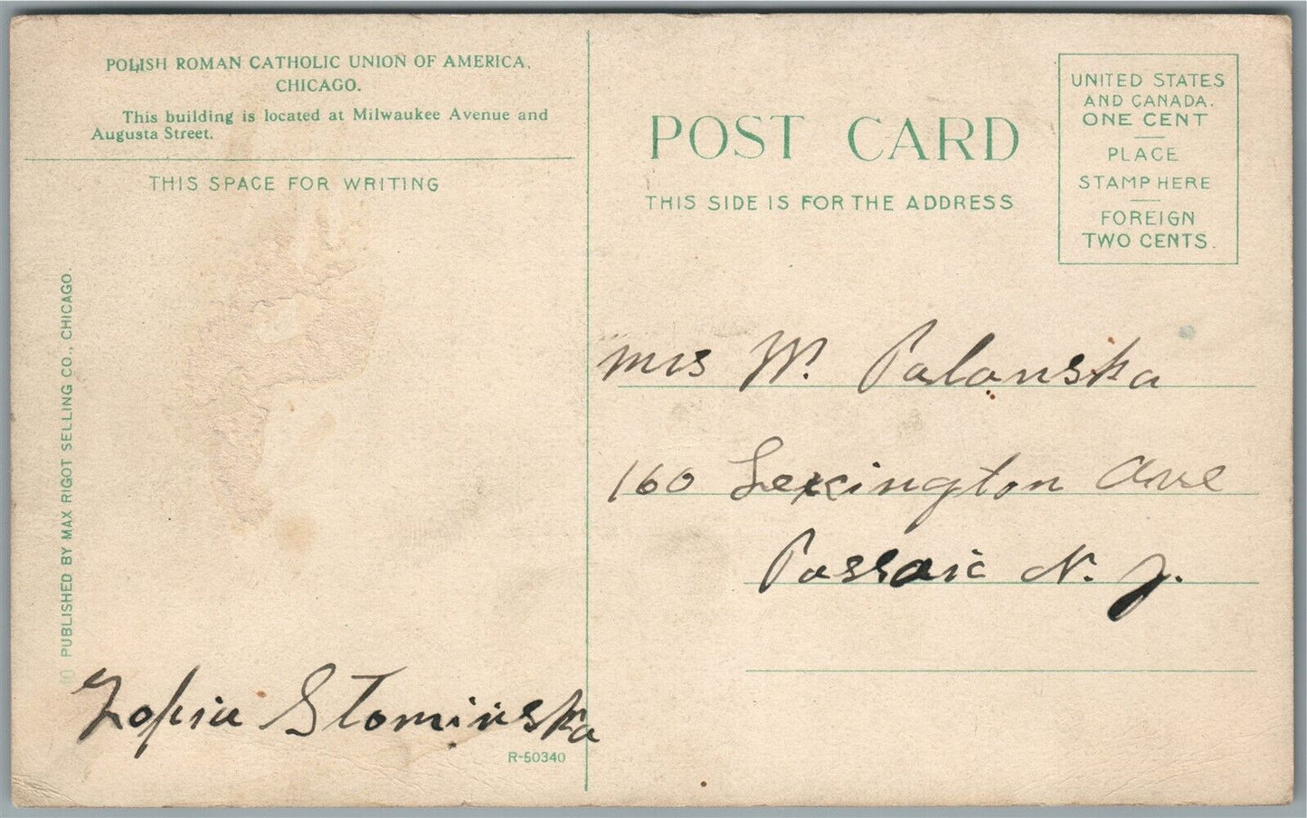CHICAGO IL POLISH ROMAN CATHOLIC UNION of AMERICA ANTIQUE POSTCARD