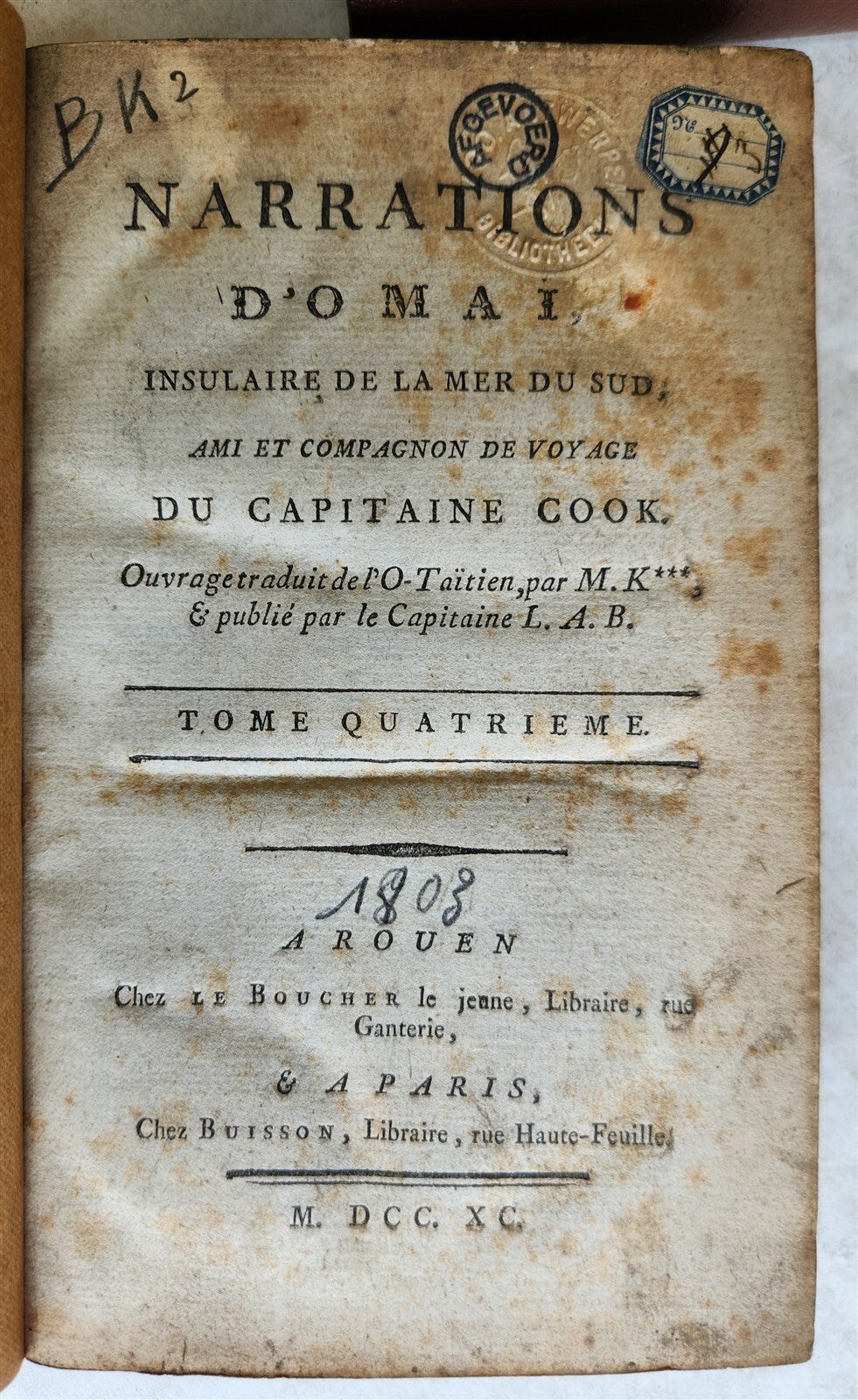 1790 TRAVELS of CAPTAIN JAMES COOK 4 VOLUMES SET antique in FRENCH