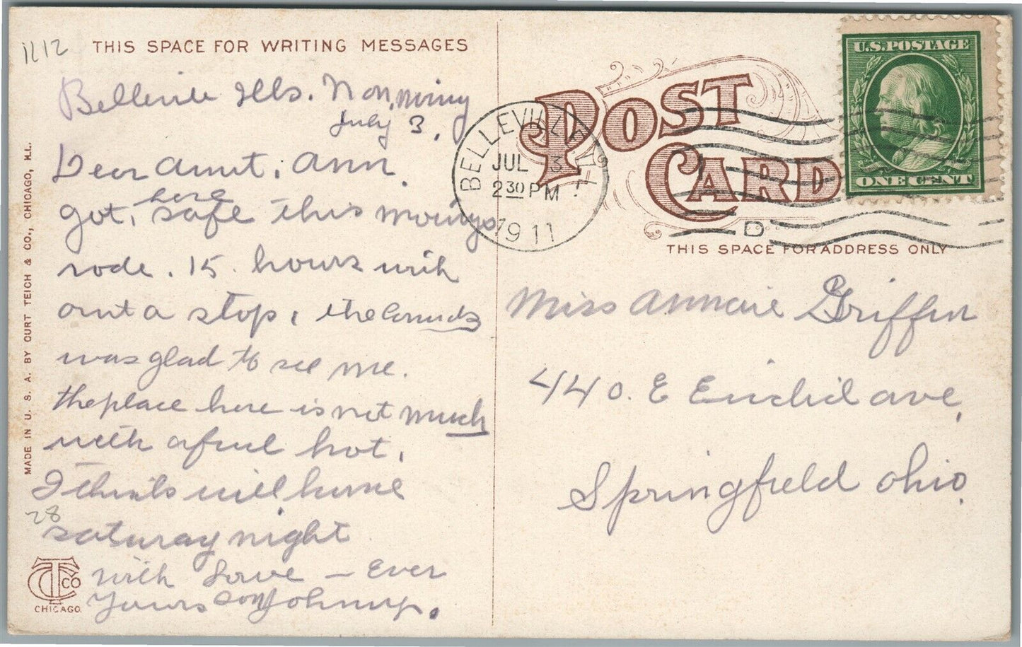 BELLEVILLE HOUSE IL ANTIQUE POSTCARD