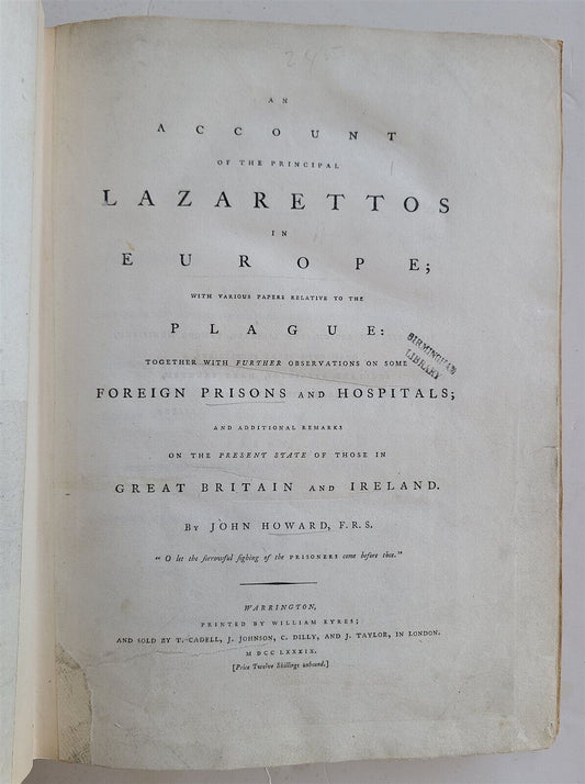 1789 AN ACCOUNT OF PRINCIPAL LAZARETTOS in EUROPE antique