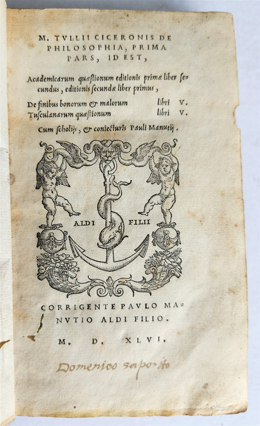 1546 ALDINE PRESS CICERO PHILOSOPHY antique 16th CENTURY Aldus
