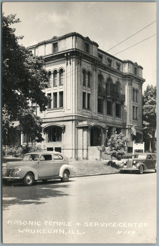 WAUKEGAN IL MASONIC TEMPLE VINTAGE REAL PHOTO POSTCARD RPPC