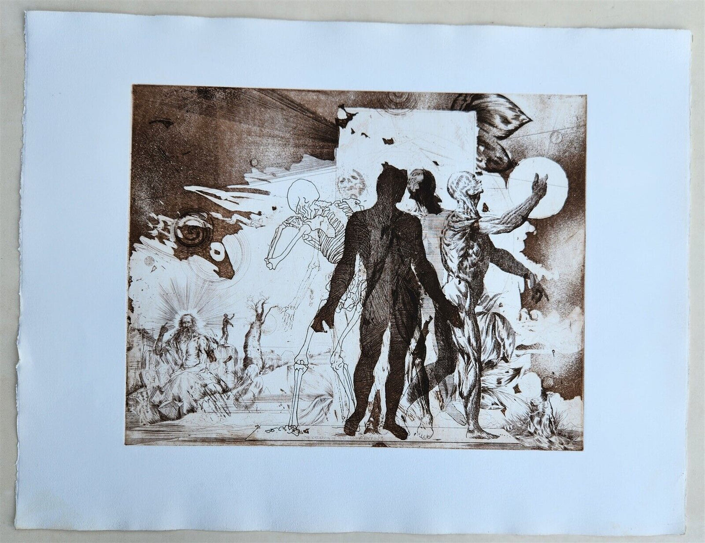 THE CREATION OF THE HUMAN RACE surreal PRINT vintage w/ SKELETON