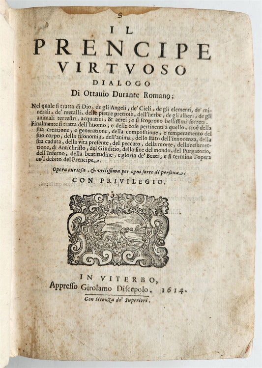 1614 IL PRENCIPE VIRTUOSO DIALOGO di OTTAUIO DURANTE ROMANO antique VELLUM