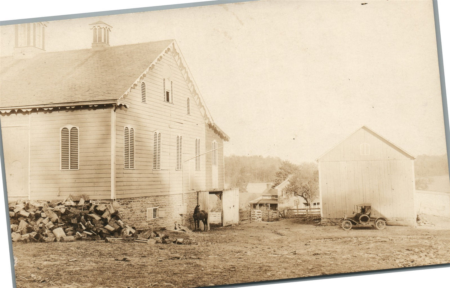 FARM SCENE w/ OLD CAR & HORSE ANTIQUE REAL PHOTO POSTCARD RPPC