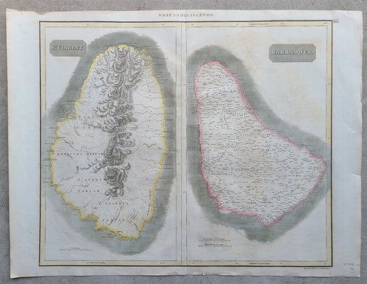 1814 MAP of WEST INDIA ISLANDS Carribean ST. VINCENT & BARBADOS antique 21 x 28"