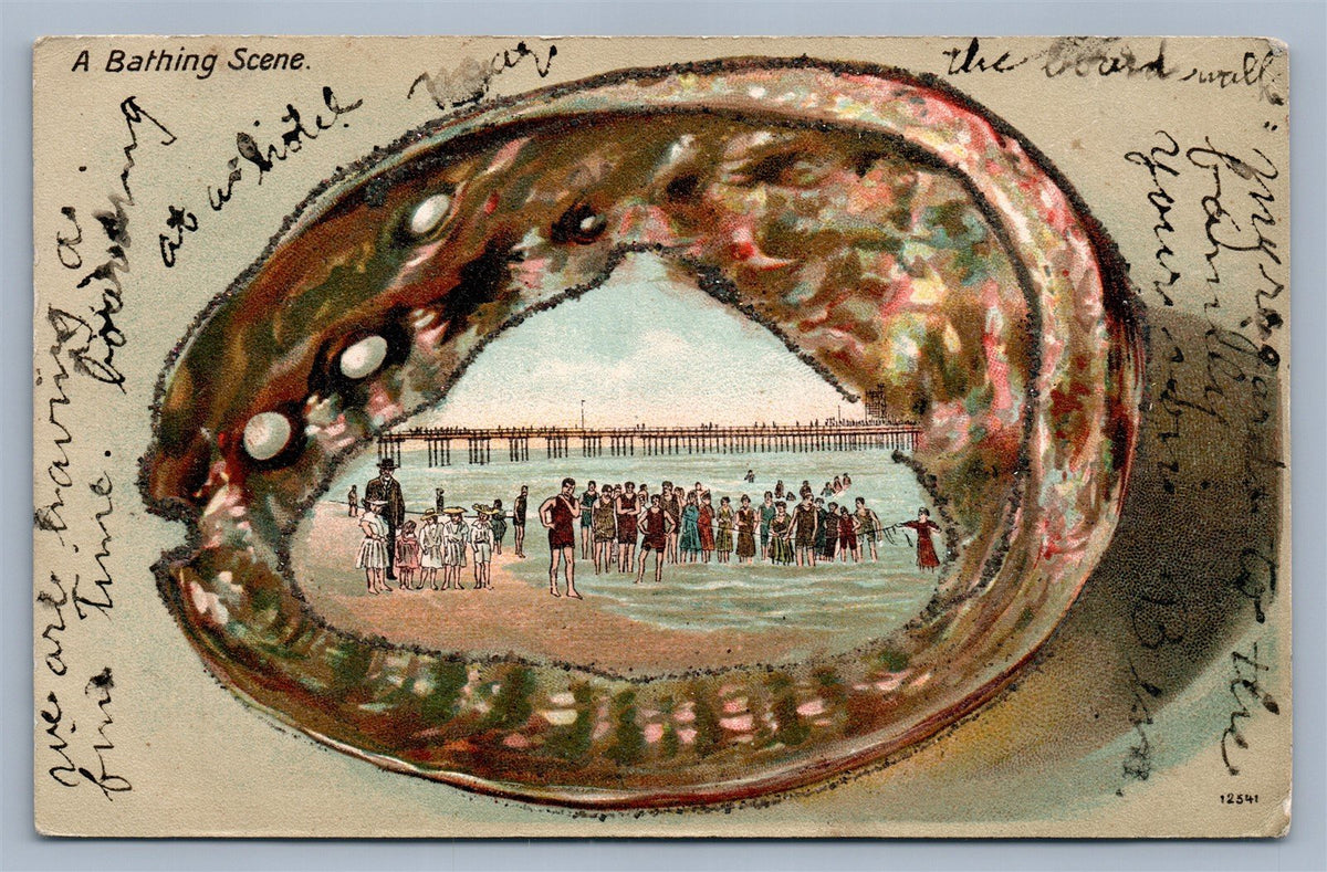 ATLANTIC CITY NJ BATHING SCENE ANTIQUE POSTCARD w/ SHELL BORDER by LANGSDORF