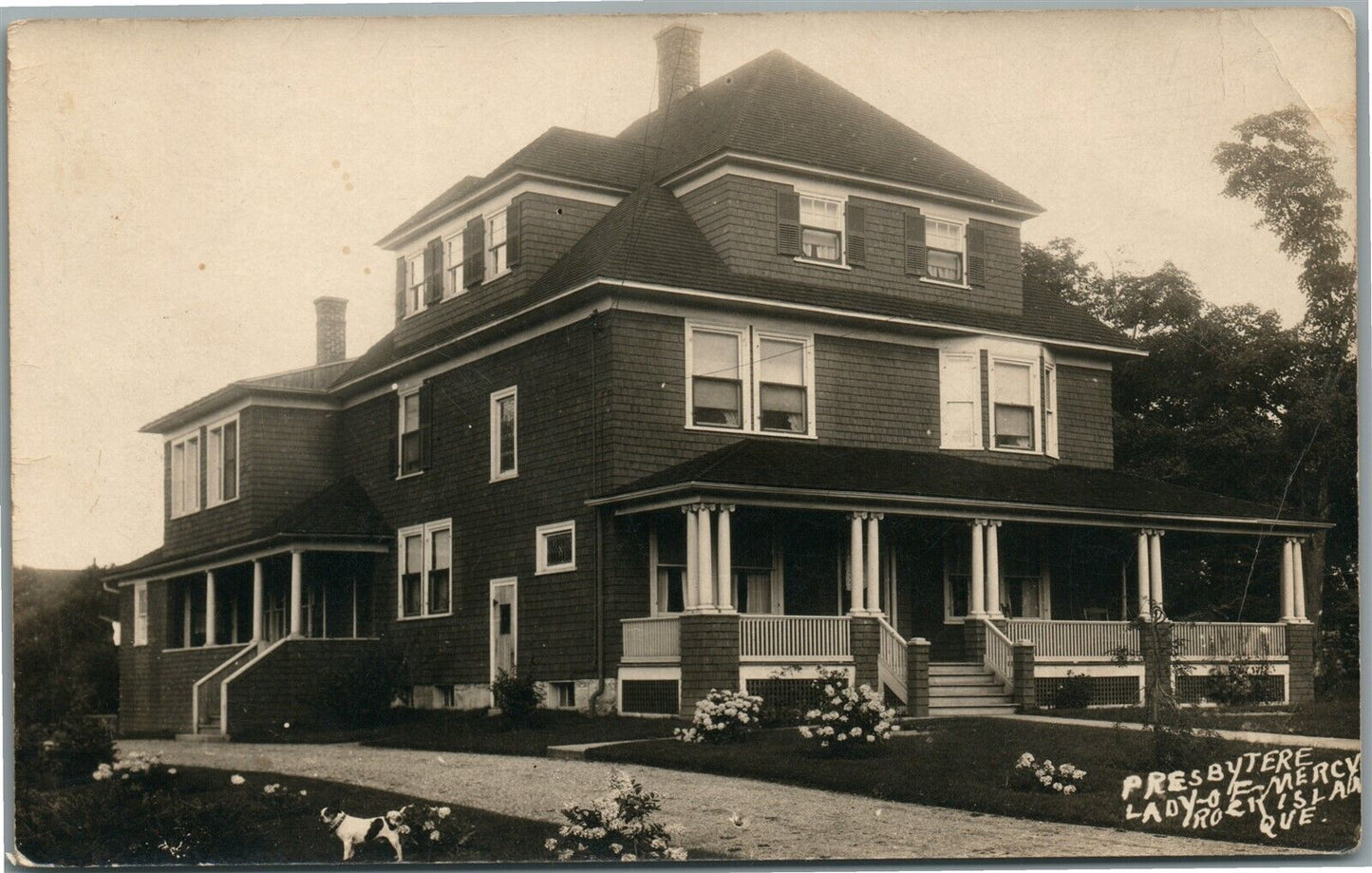 CANADA ROCK ISLAND PRESBYTERE LADY-OF-MERCY dog ANTIQUE REAL PHOTO POSTCARD RPPC