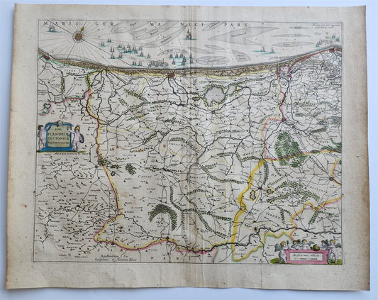 1640 DUCHY of FLANDERS BELGIUM MAP by WILLEM BLAEU antique AUTHENTIC handcolored