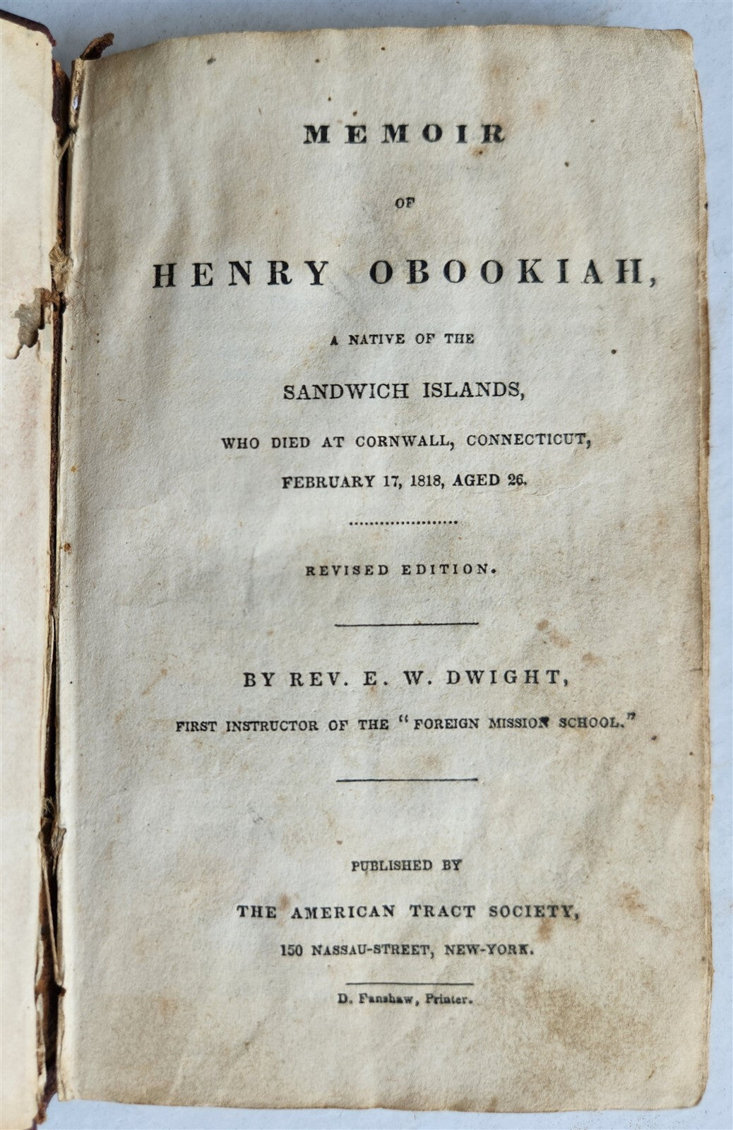 1830s HAWAII Memoirs of Henry Obookiah Native of Sandwich Islands AMERICANA