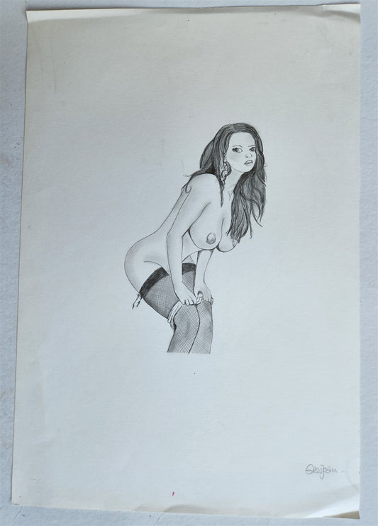 ILLUSTRATION ART PENCIL DRAWING vintage FEMALE MODEL signed