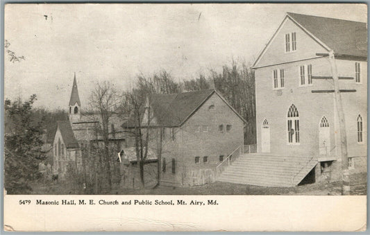 MT.AIRY MD MASONIC HALL SCHOOL & CHURCH ANTIQUE POSTCARD