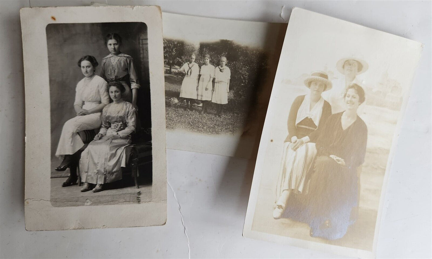 3 LADIES lot of 9 antique REAL PHOTO POSTCARDS RPPCs three women groups