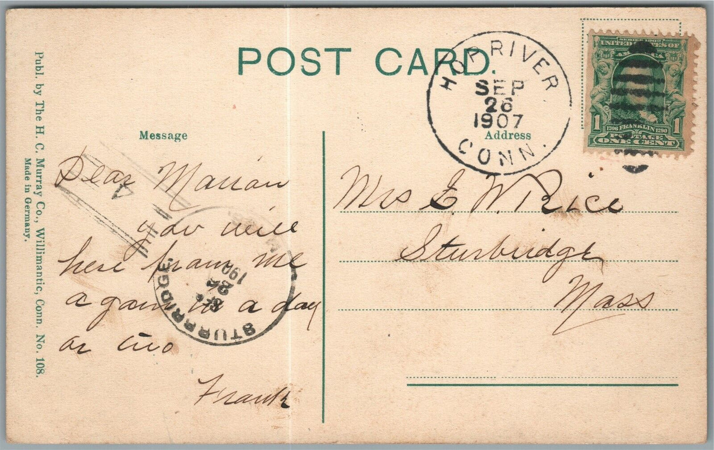 WILLIMANTIC CT MAIN STREET 1907 ANTIQUE POSTCARD