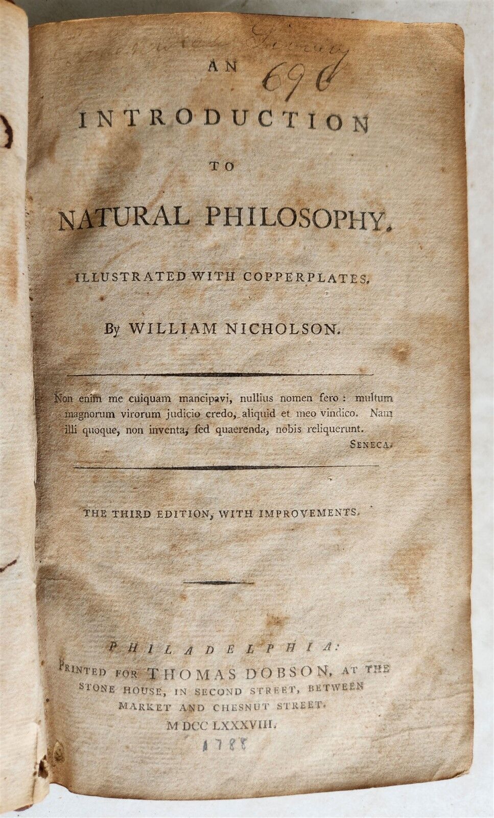 1788 INTRODUCTION to NATURAL PHILOSOPHY American edition antique ILLUSTRATED