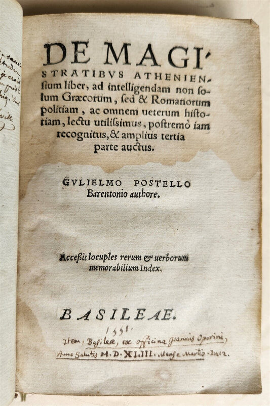 1551 ATHENIAN MAGISTRATES GREEK & ROMAN HISTORY by Guillaume POSTEL antique