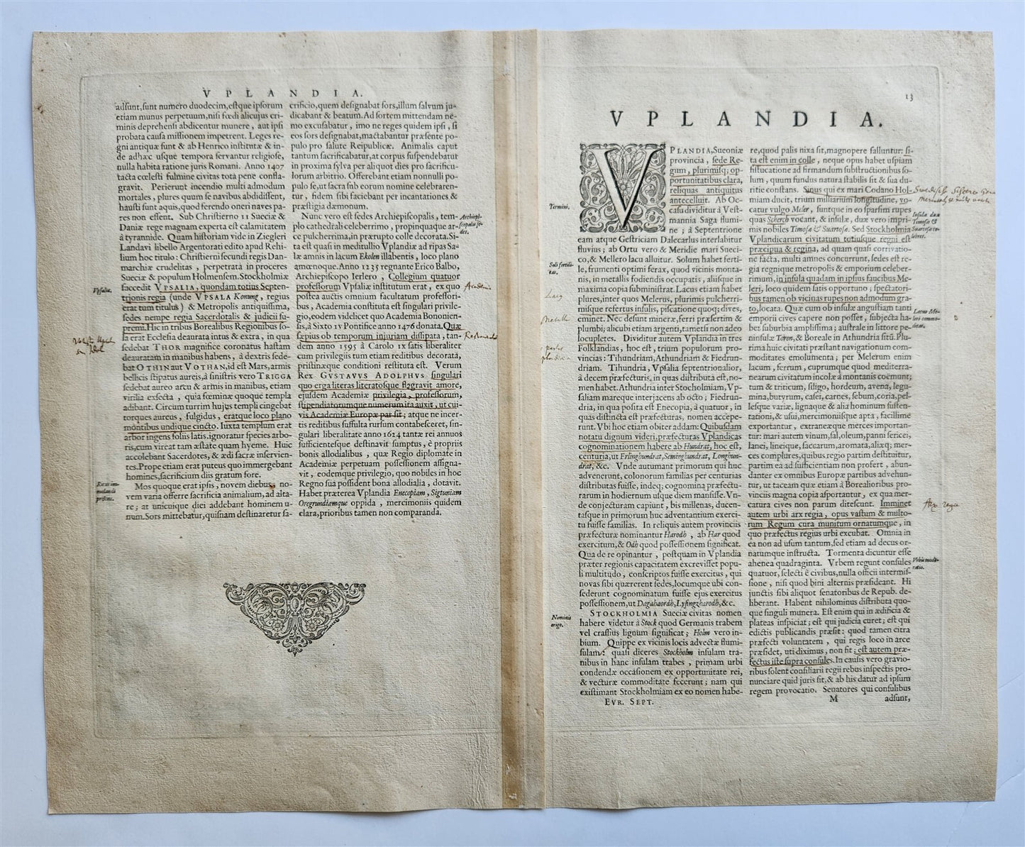 1640 SWEDEN UPPSALA STOCKHOLM MAP by WILLEM BLAEU antique AUTHENTIC hand colored