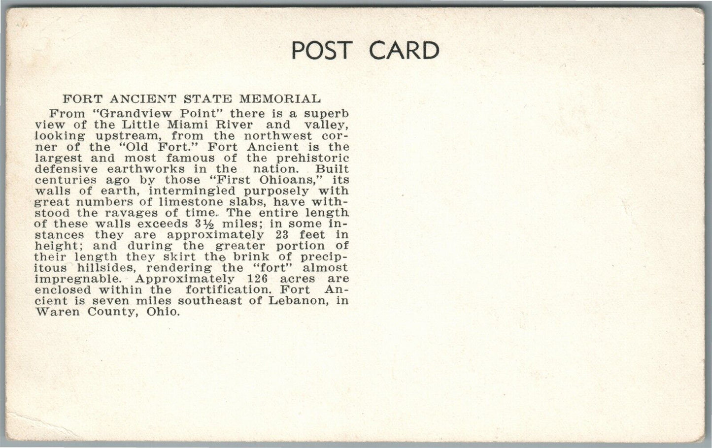 WARREN COUNTY OH FORT ANCIENT STATE MEMORIAL ANTIQUE REAL PHOTO POSTCARD RPPC