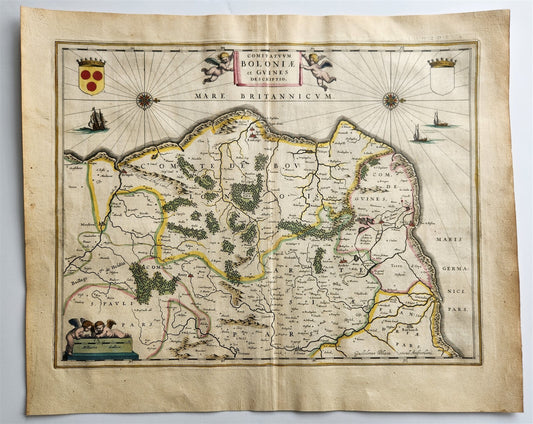1640 MAP of Boulogne & Guines FRANCE WILLEM BLAEU antique AUTHENTIC hand colored