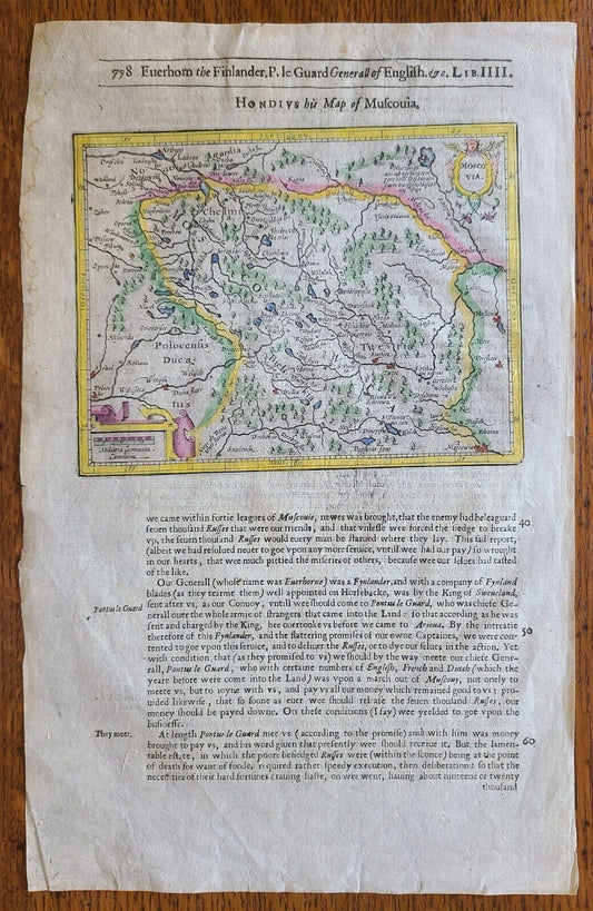 1607 MAP OF MOSCOVIA RUSSIA ANTIQUE from Mercator-Hondius Atlas HAND COLORED