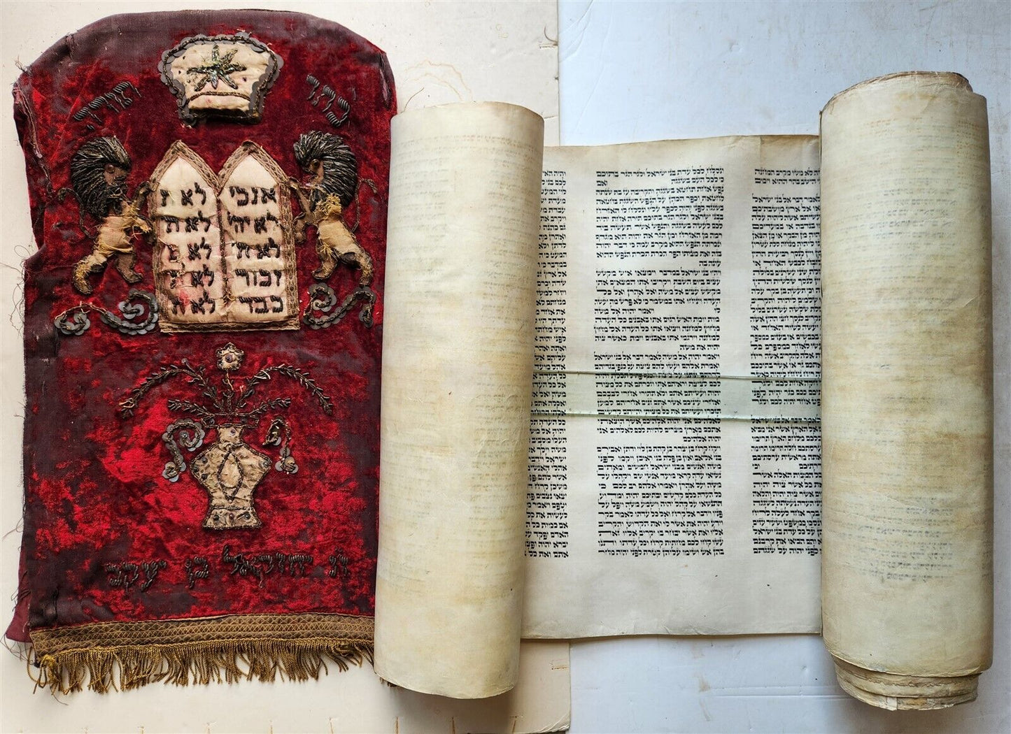 TORAH SCROLL LARGE FRAGMENT MANUSCRIPT on VELLUM antique BIBLE w/ MANTLE