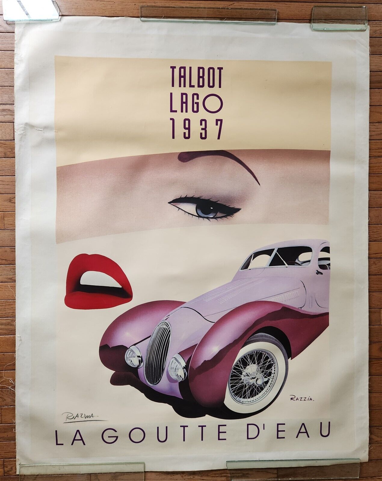 1937 BUGATTI TALBOT LAGO vintage POSTER LA GOUTTE D'EAU large Size 41.5 by 54"