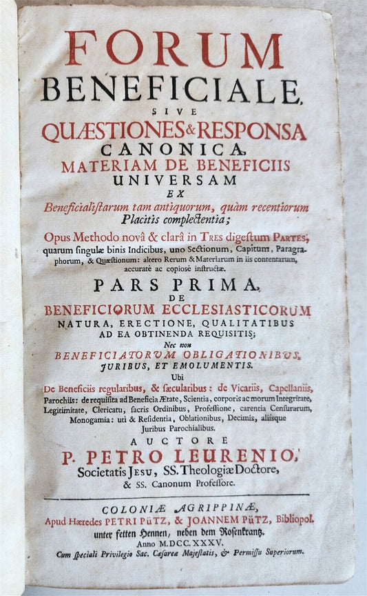 1735 CANON LAW BOOK Forum beneficiale sive quaestiones & responsa ANTIQUE