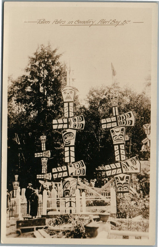 INDIAN TOTEM POLES in CEMETERY ALERT BAY CANADA ANTIQUE REAL PHOTO POSTCARD RPPC