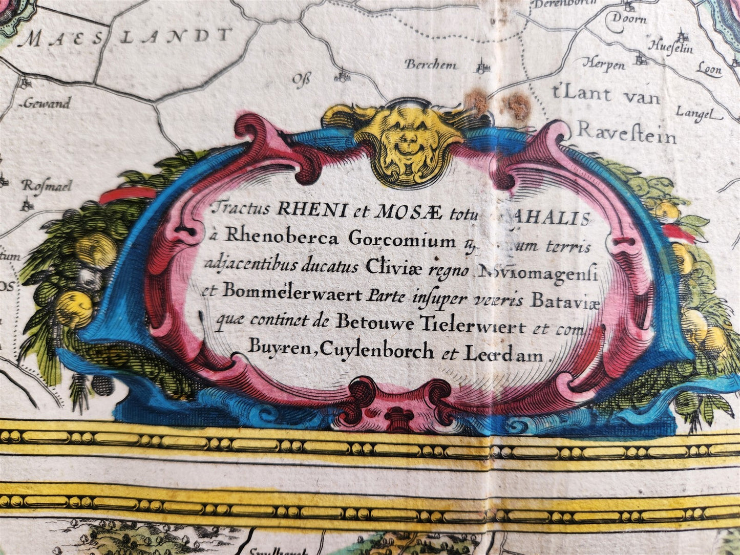 1640 MAP of RHINE RIVER REGION NETHERLANDS by WILLEM BLAEU antique AUTHENTIC
