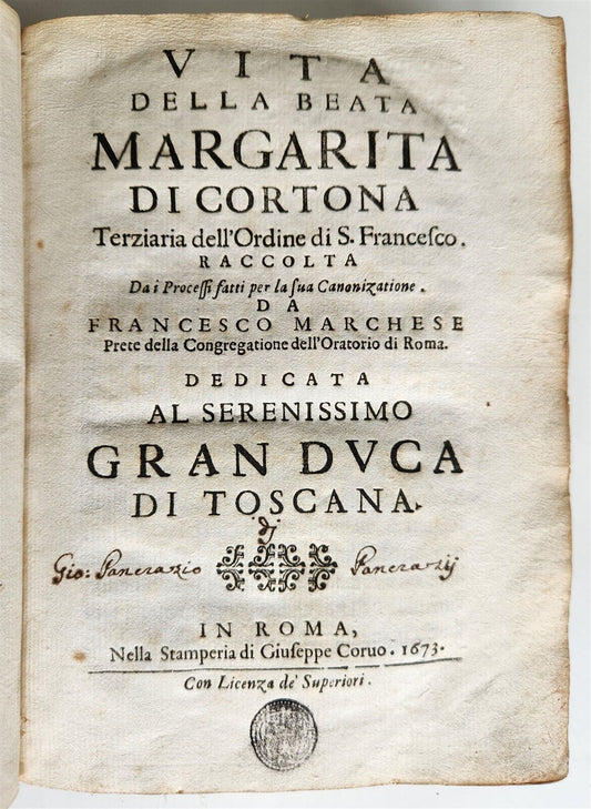 1673 VITA DELLA BEATA MARGARITA di CORTONA by FRANCESCO MARCHESE antique VELLUM