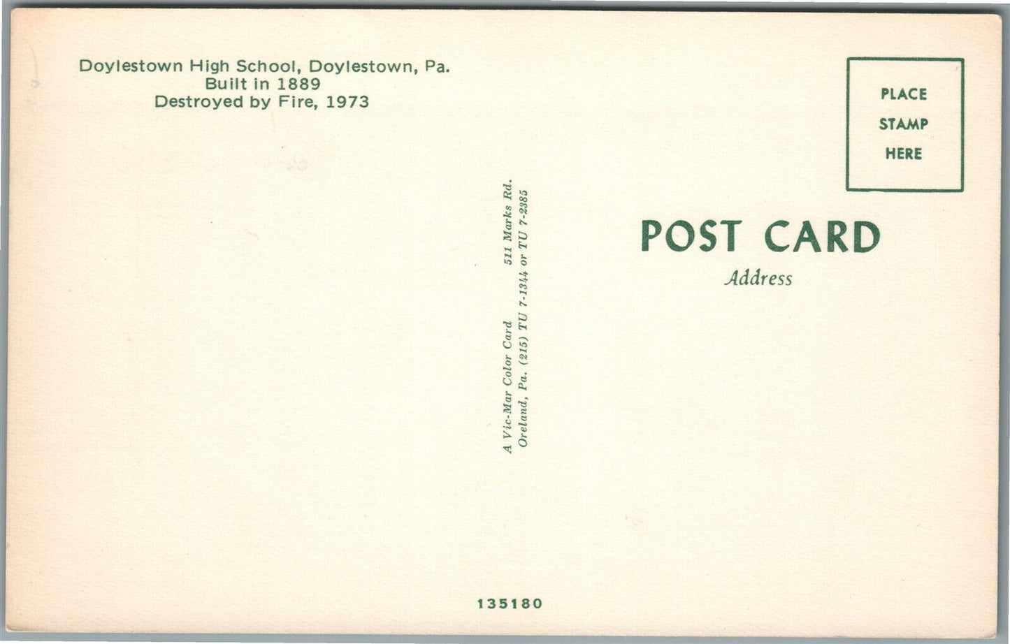 DOYLESTOWN PA HIGH SCHOOL DESTROYED by FIRE VINTAGE POSTCARD