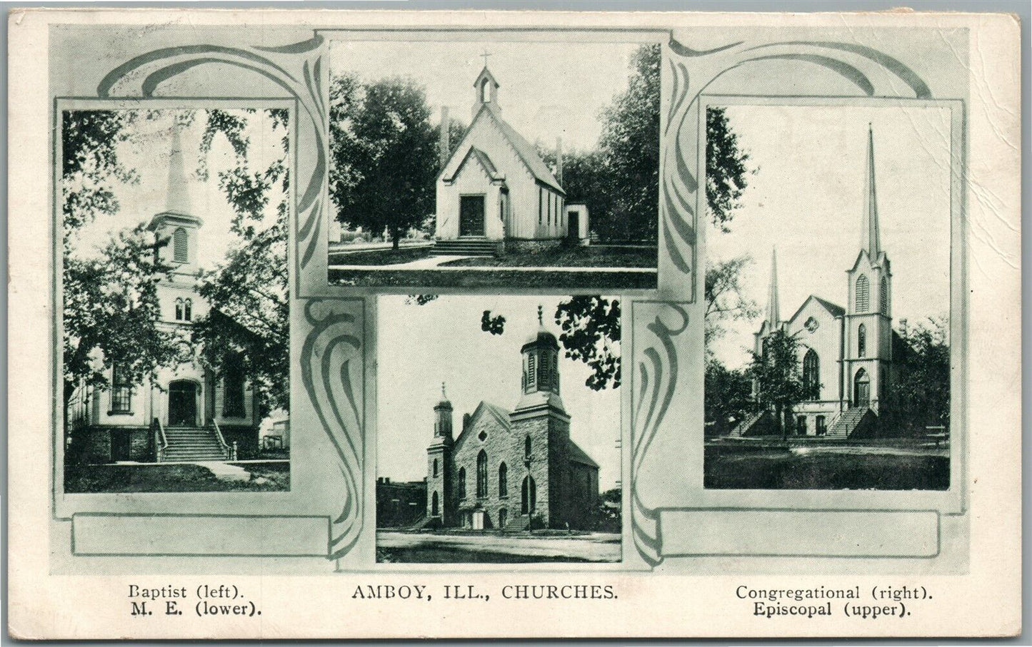 AMBOY IL CHURCHES ANTIQUE POSTCARD