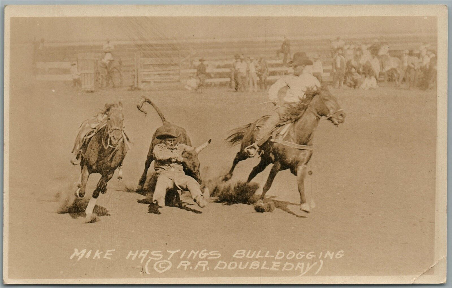 HORSE RODEO MIKE HASTINGS BULLDOGGING DOUBLEDAY ANTIQUE REAL PHOTO POSTCARD RPPC