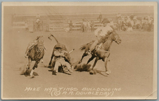 HORSE RODEO MIKE HASTINGS BULLDOGGING DOUBLEDAY ANTIQUE REAL PHOTO POSTCARD RPPC
