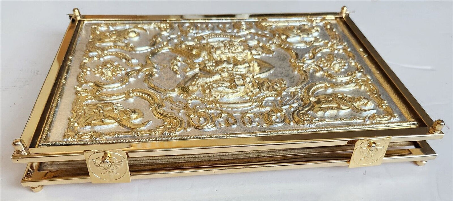 GREEK RUSSIAN ORTHODOX CHURCH GOSPEL GILT BRASS COVERS folio VINTAGE Bible