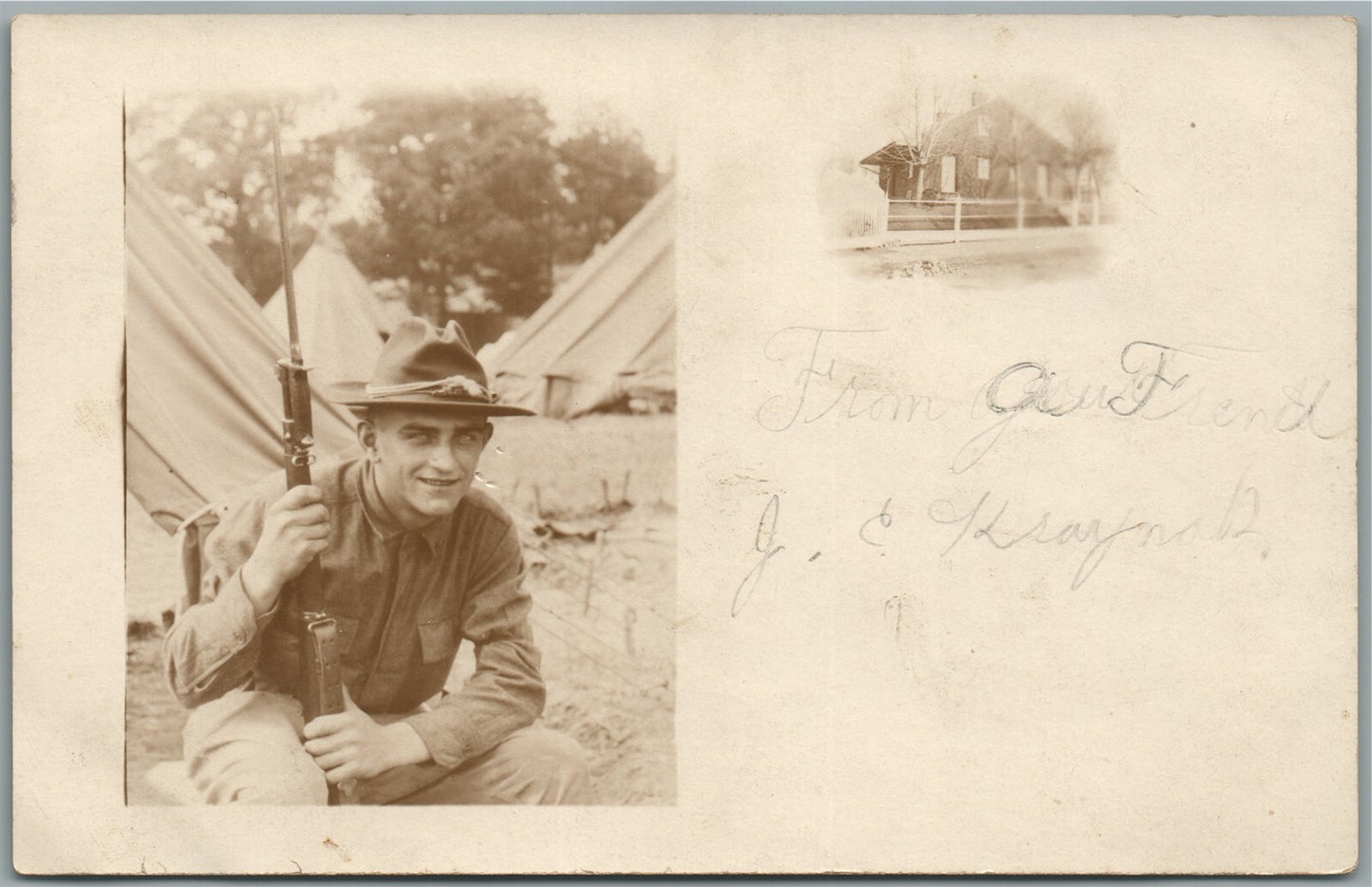 WWI ERA US SOLDIER w/ RIFLE ANTIQUE REAL PHOTO POSTCARD RPPC