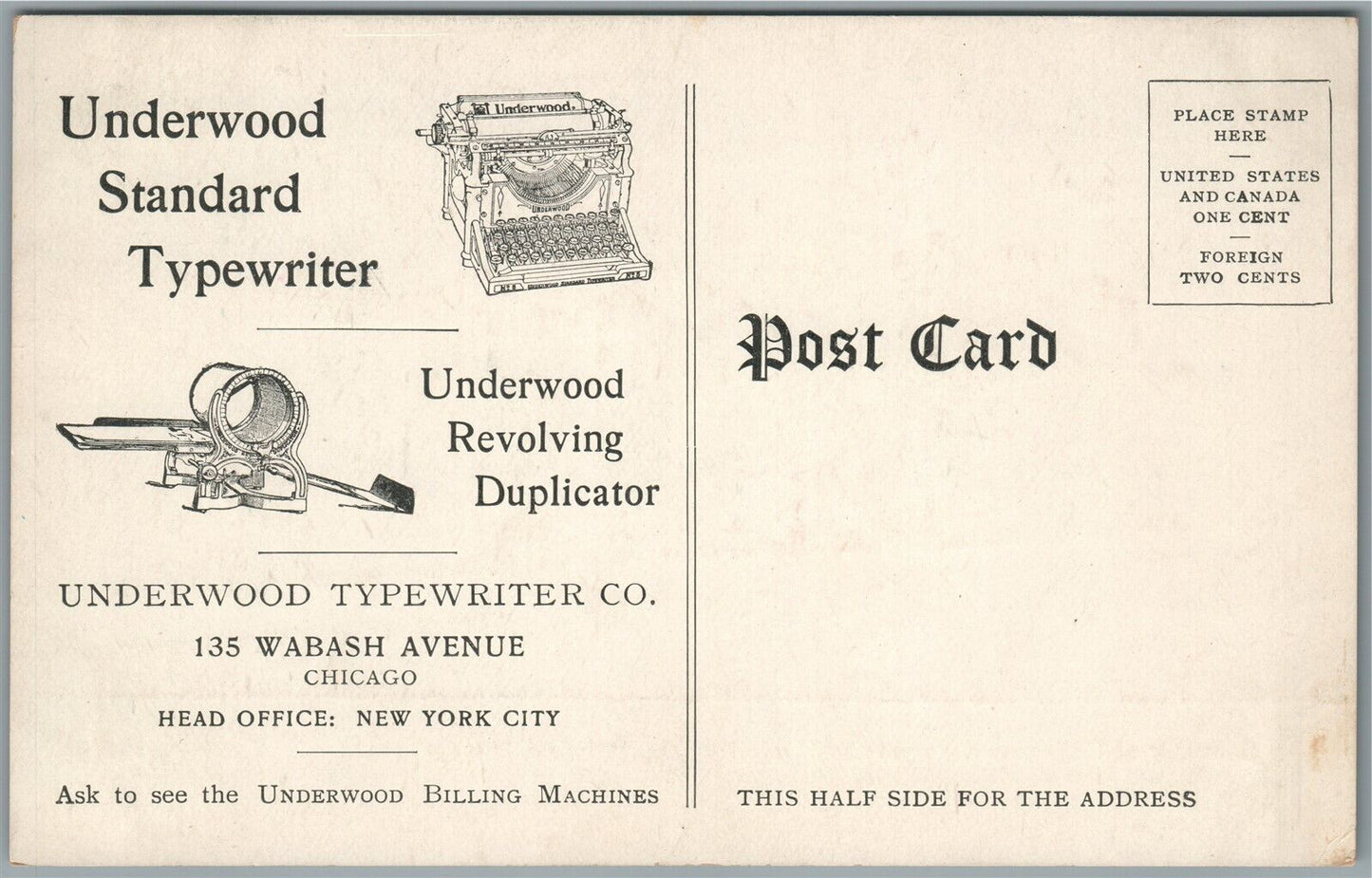 CHICAGO IL UNDERWOOD TYPEWRITER CO. EXHIBIT ADVERTISING ANTIQUE POSTCARD