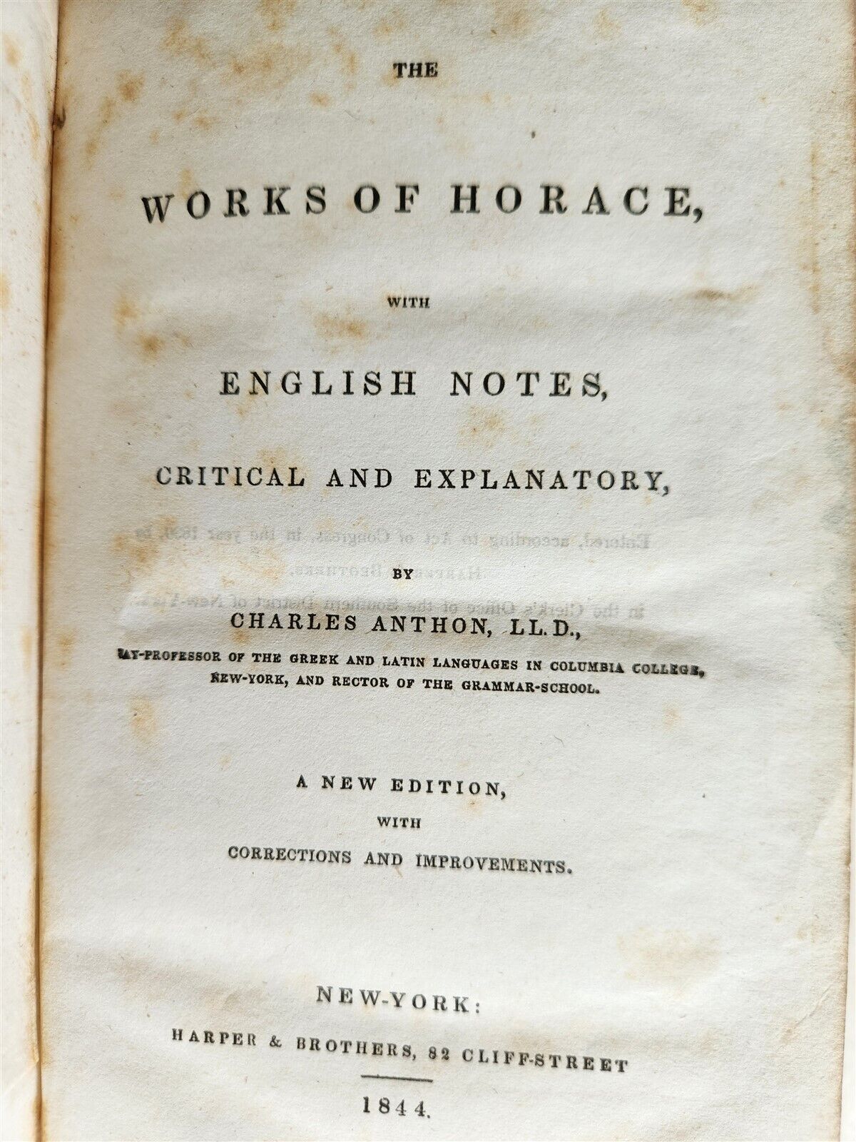 1844 WORKS OF HORACE w/ ENGLISH NOTES by CHARLES ANTHON antique AMERICAN EDITION