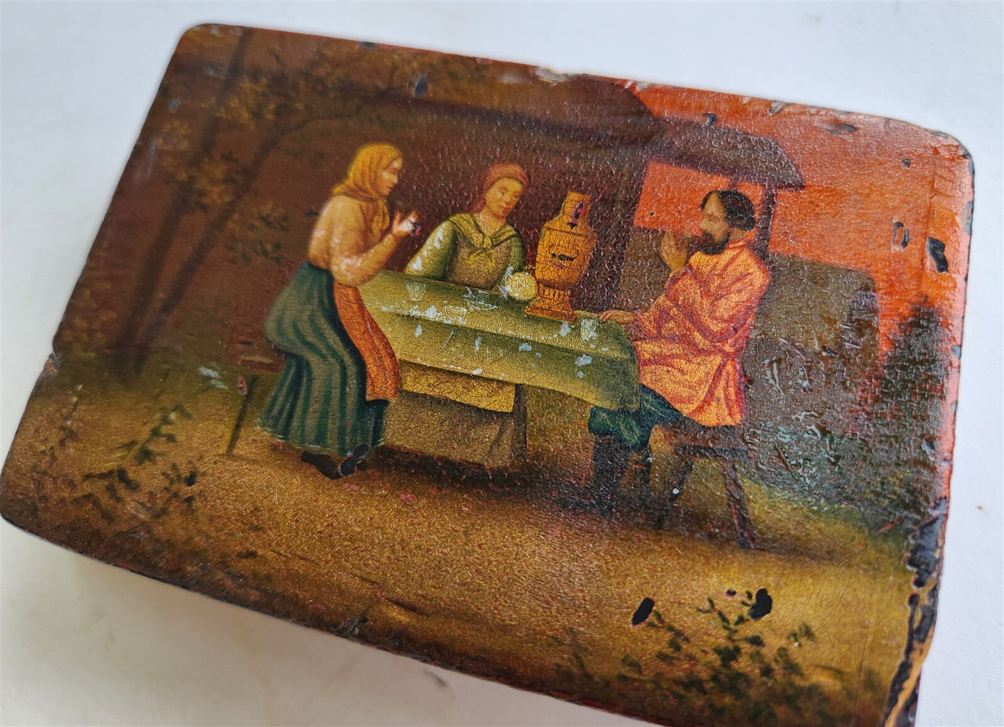 RUSSIAN 19th cent antique LACQUER BOX VISHNYAKOV MANUFACTURE TEA PARTY w/SAMOVAR