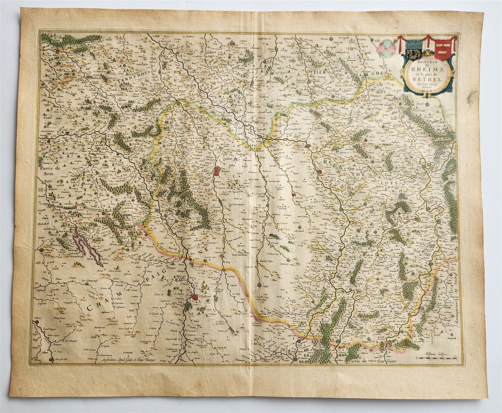 1640 MAP of RHEIMS RETHEL FRANCE by WILLEM BLAEU antique AUTHENTIC han ...