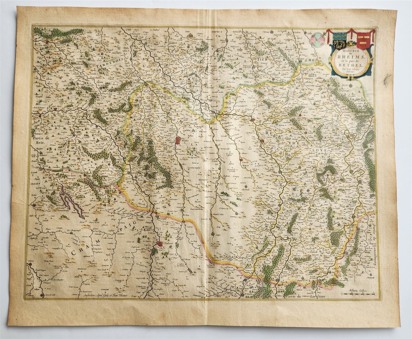 1640 MAP of RHEIMS RETHEL FRANCE by WILLEM BLAEU antique AUTHENTIC hand colored
