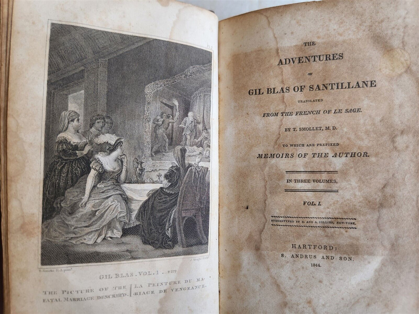 1844 ADVENTURES OF GIL BLAS antique EARLY AMERICAN BINDING HARTFORD ILLUSTRATED