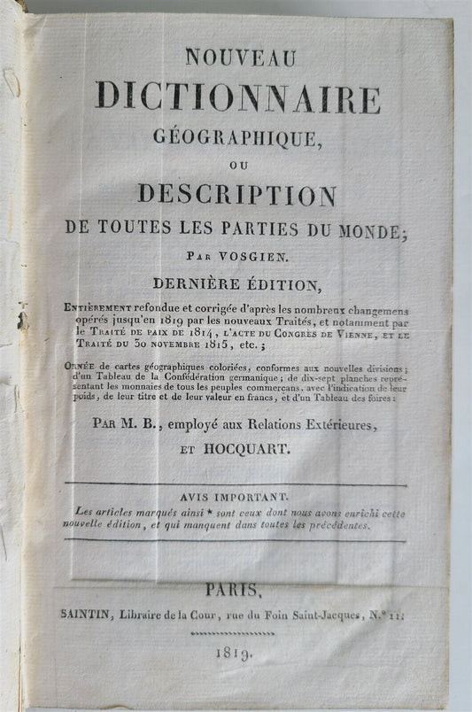 1819 NOUVEAU DICTIONNAIRE GEOGRAPHIQUE antique DESCRIPTION of WORLD ILLUSTRATED