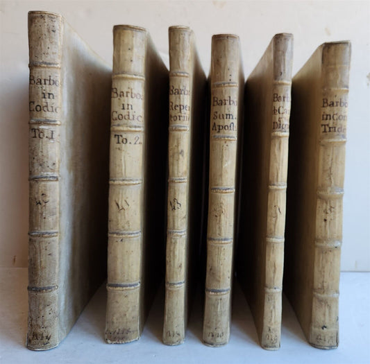 1701-1715 CANON LAW 6 FOLIO VOLUMES by AUGUSTINI BARBOSAE antique VELLUM BINDING