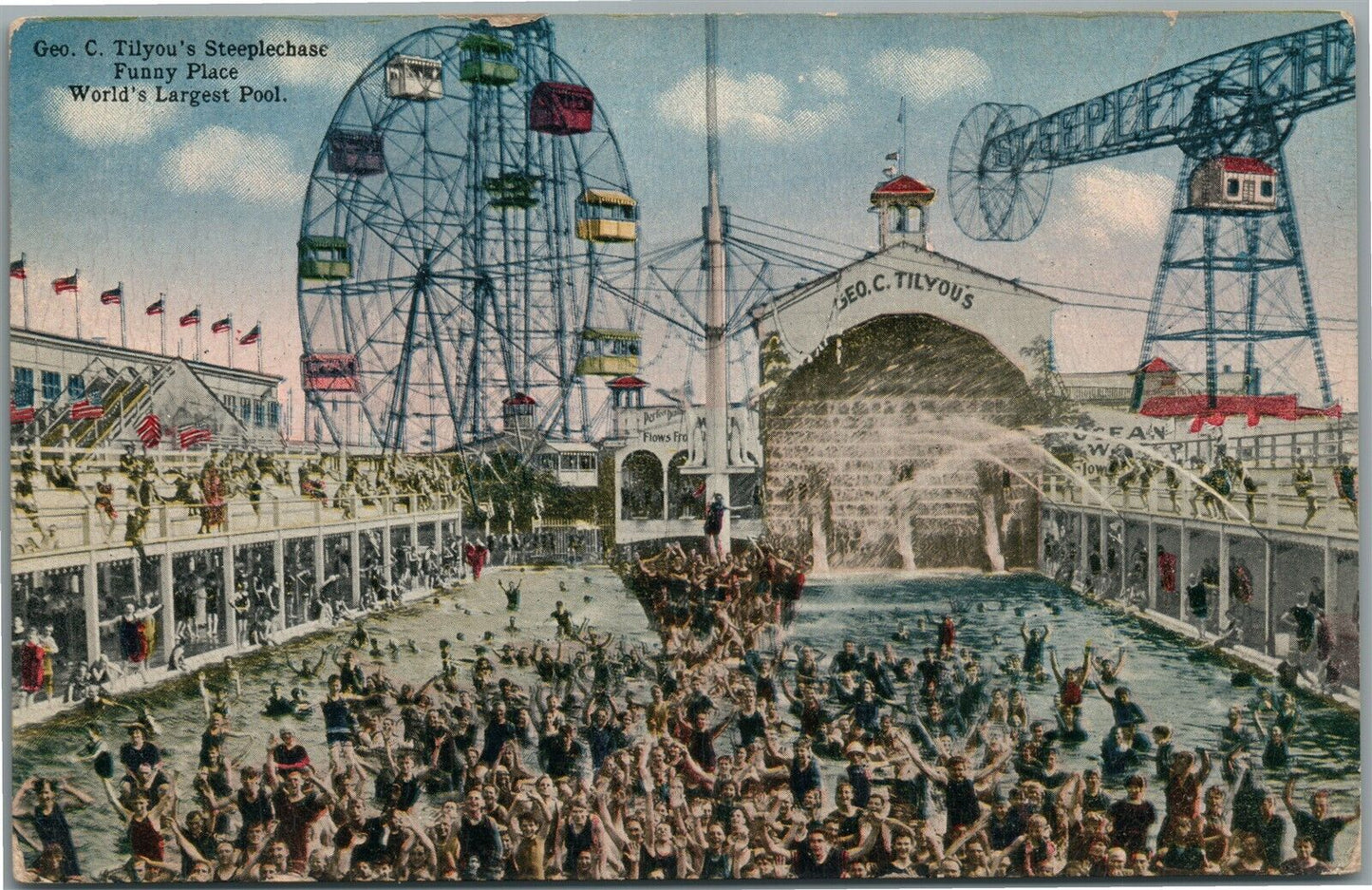 CONEY ISLAND NY FUNNY PLACE WORLD'S LARGEST POOL ANTIQUE POSTCARD