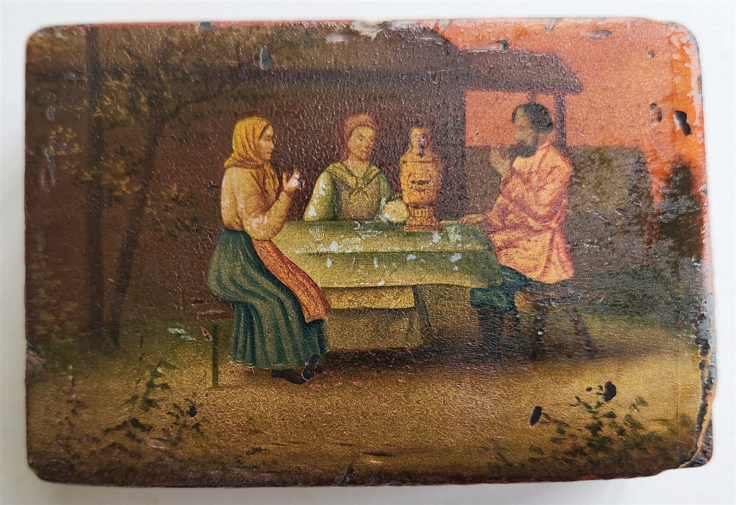 RUSSIAN 19th cent antique LACQUER BOX VISHNYAKOV MANUFACTURE TEA PARTY w/SAMOVAR