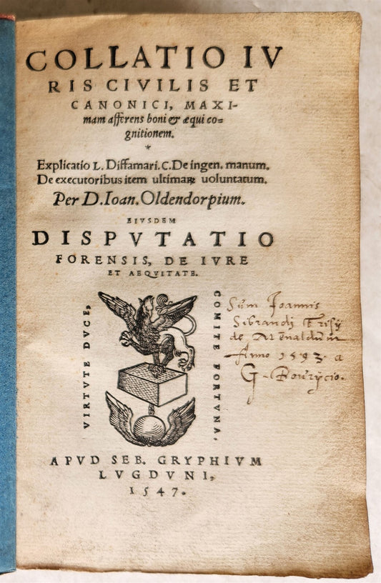 1547 LAW BOOK by D. Ioan. OLDENDORPIUM Collatio Iuris Civis et Canonici antique