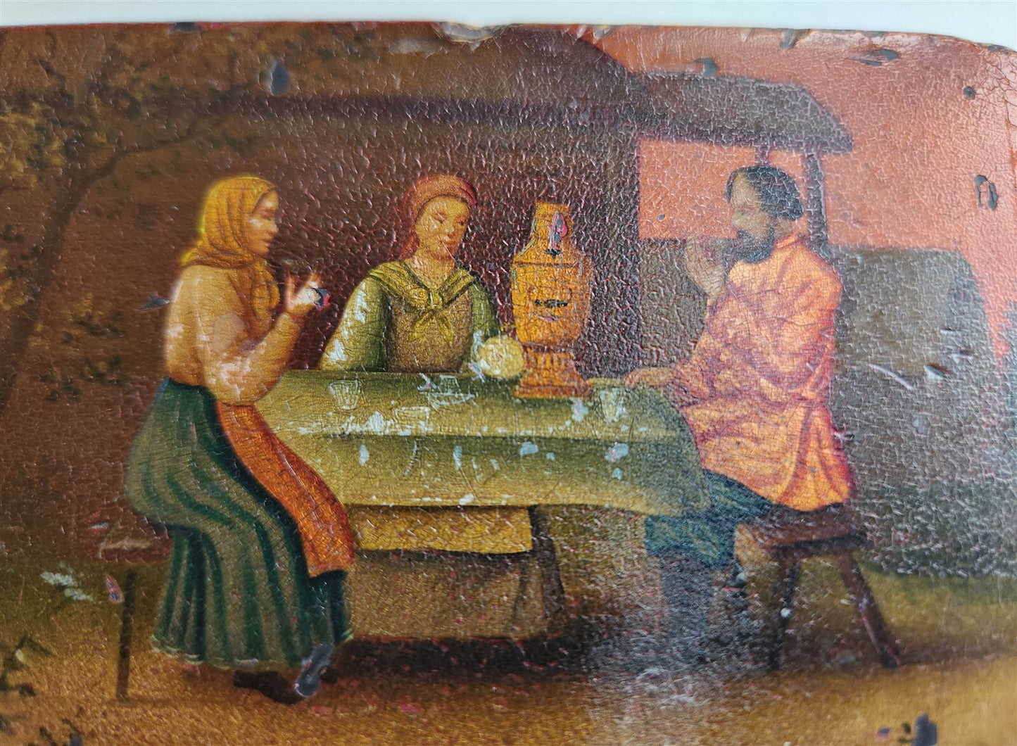RUSSIAN 19th cent antique LACQUER BOX VISHNYAKOV MANUFACTURE TEA PARTY w/SAMOVAR